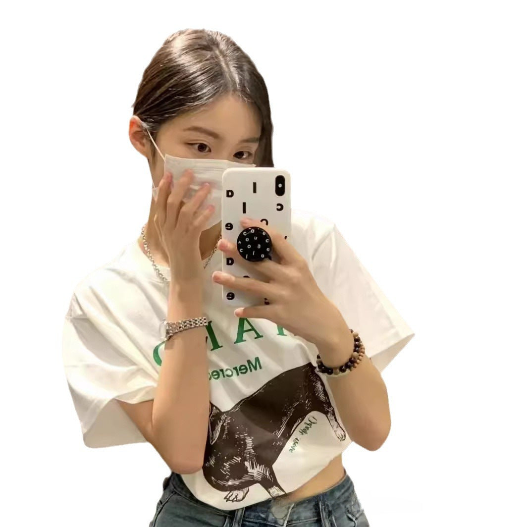 High version ~ South Korea tide brand mardi daisy dachshund dog printed loose crew neck short sleeve t-shirt women