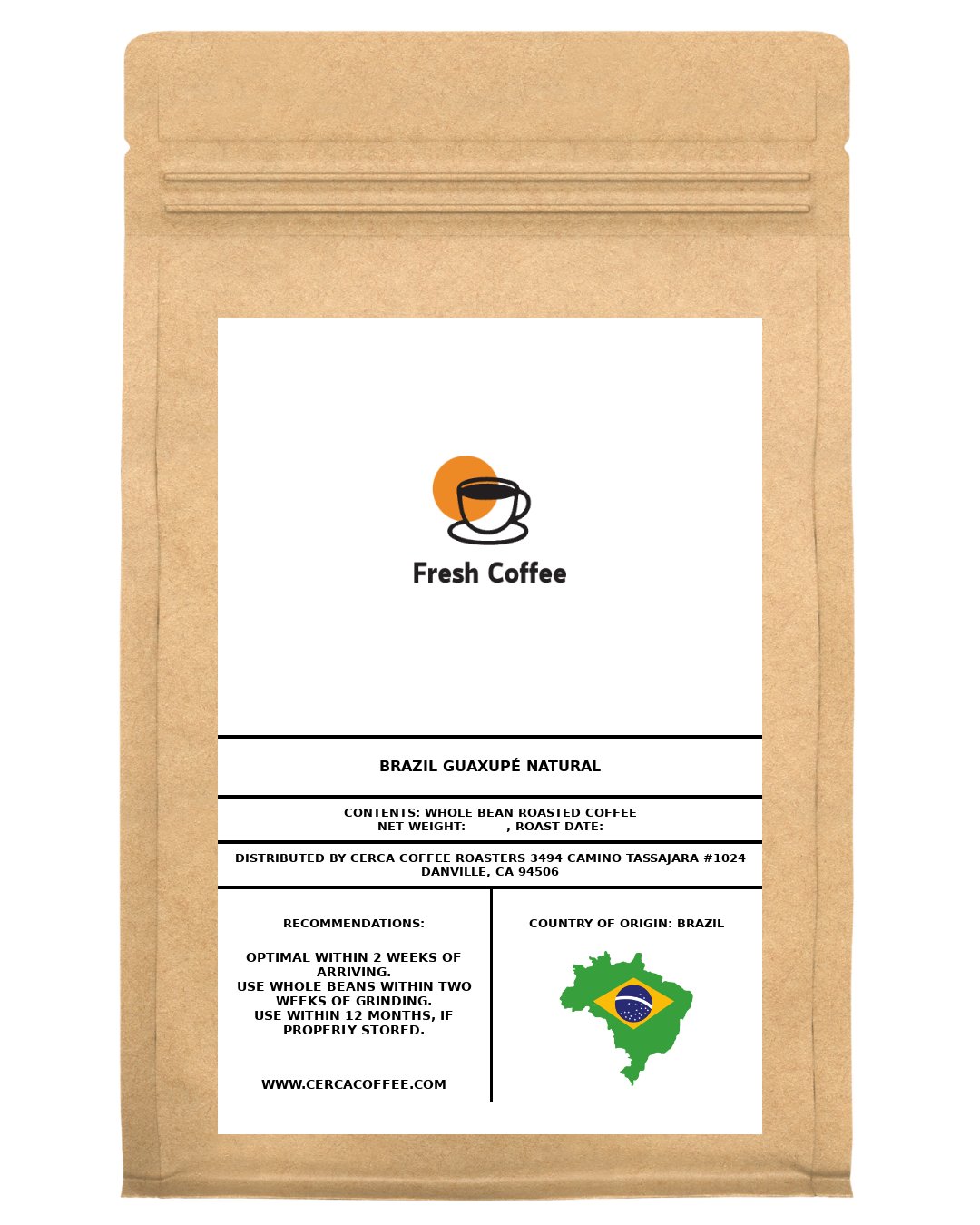 Eco-friendly packaging of Brazil Guaxupé Natural whole bean roasted coffee, with optimal freshness and storage recommendations, distributed by Cerca Coffee Roasters.
