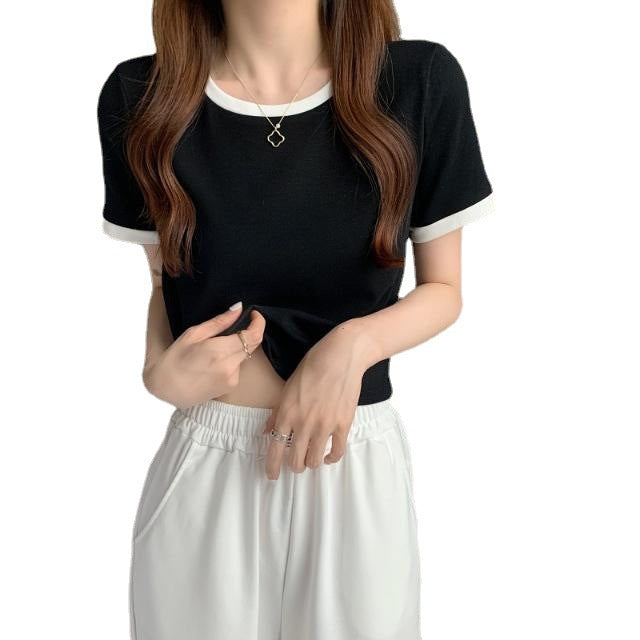 Contrast Color Round Neck Short Sleeve T-Shirt Women's 2024 New Summer Base Shirt Korean Slim-fit Short Student Top Trendy