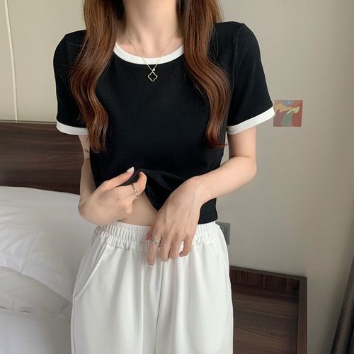 Contrast Color Round Neck Short Sleeve T-Shirt Women's 2024 New Summer Base Shirt Korean Slim-fit Short Student Top Trendy