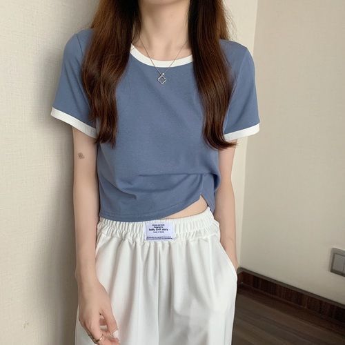 Contrast Color Round Neck Short Sleeve T-Shirt Women's 2024 New Summer Base Shirt Korean Slim-fit Short Student Top Trendy