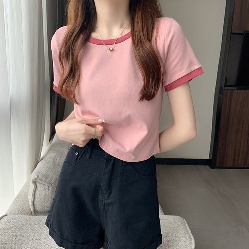 Contrast Color Round Neck Short Sleeve T-Shirt Women's 2024 New Summer Base Shirt Korean Slim-fit Short Student Top Trendy
