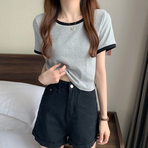 Contrast Color Round Neck Short Sleeve T-Shirt Women's 2024 New Summer Base Shirt Korean Slim-fit Short Student Top Trendy
