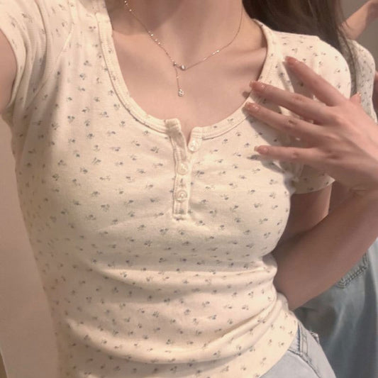 Summer new u-collar floral short sleeve shoulder short top women's slim slimming bottoming fresh T-shirt women's wholesale