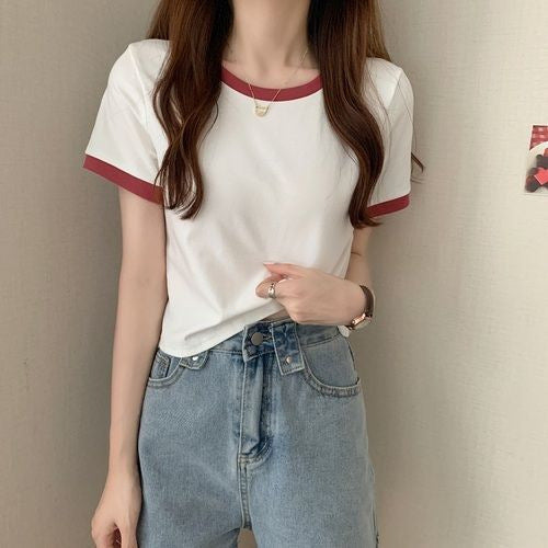 Contrast Color Round Neck Short Sleeve T-Shirt Women's 2024 New Summer Base Shirt Korean Slim-fit Short Student Top Trendy