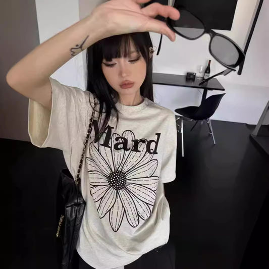 High version ~ South Korea tide brand mardi daisy dachshund dog printed loose crew neck short sleeve t-shirt women