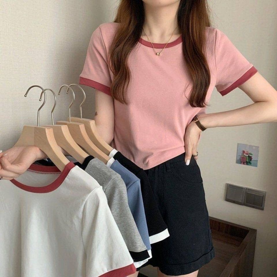 Contrast Color Round Neck Short Sleeve T-Shirt Women's 2024 New Summer Base Shirt Korean Slim-fit Short Student Top Trendy