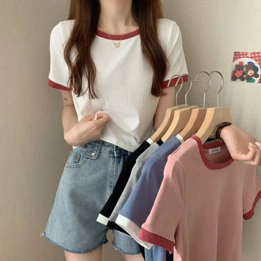 Contrast Color Round Neck Short Sleeve T-Shirt Women's 2024 New Summer Base Shirt Korean Slim-fit Short Student Top Trendy
